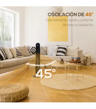 Calefactor Cerámico de Torre 1100/2200W Mando Pantalla LED Temporizador y Oscilación Ø25x73,5 cm Plata y Negro