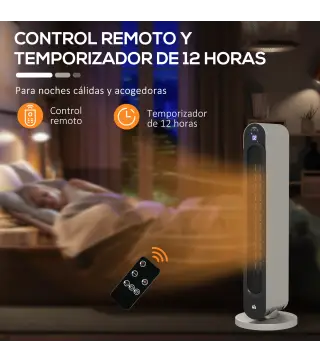 Calefactor Cerámico de Torre 1100/2200W Mando Pantalla LED Temporizador y Oscilación Ø25x73,5 cm Plata y Negro