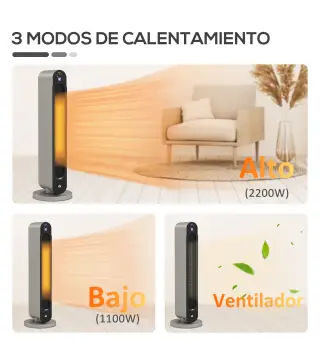 Calefactor Cerámico de Torre 1100/2200W Mando Pantalla LED Temporizador y Oscilación Ø25x73,5 cm Plata y Negro