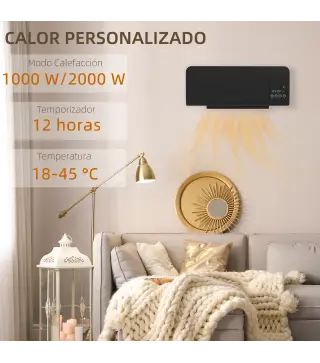 Calefactor Eléctrico de Pared 1000W/2000W Estufa con Pantalla LED y Mando a Distancia 54,5x12x21,5 cm Negro