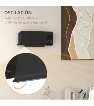 Calefactor Eléctrico de Pared 1000W/2000W Estufa con Pantalla LED y Mando a Distancia 54,5x12x21,5 cm Negro