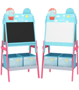 Pizarra Infantil de Doble Cara con 2 Cajas de Tela Caballete de Pintura para Niños con Estampado de Animales Azul