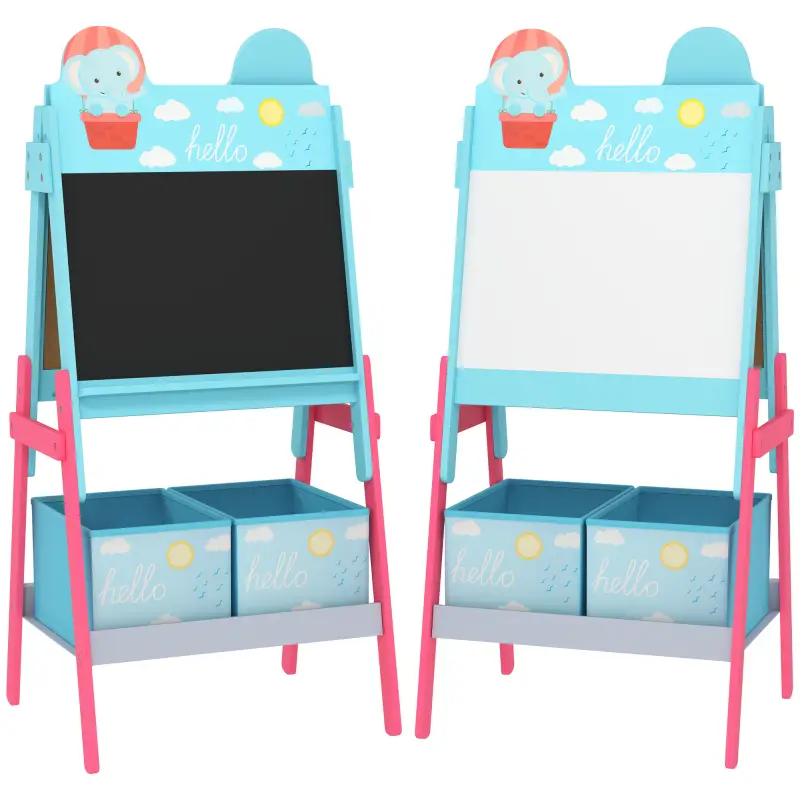 Pizarra Infantil de Doble Cara con 2 Cajas de Tela Caballete de Pintura para Niños con Estampado de Animales Azul