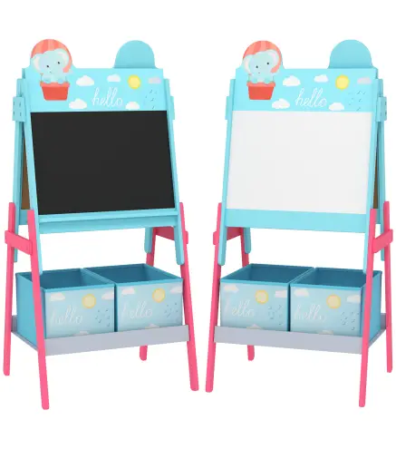 Pizarra Infantil de Doble Cara con 2 Cajas de Tela Caballete de Pintura para Niños con Estampado de Animales Azul