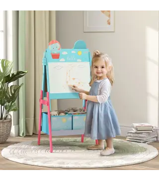 Pizarra Infantil de Doble Cara con 2 Cajas de Tela Caballete de Pintura para Niños con Estampado de Animales Azul