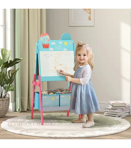 Pizarra Infantil de Doble Cara con 2 Cajas de Tela Caballete de Pintura para Niños con Estampado de Animales Azul