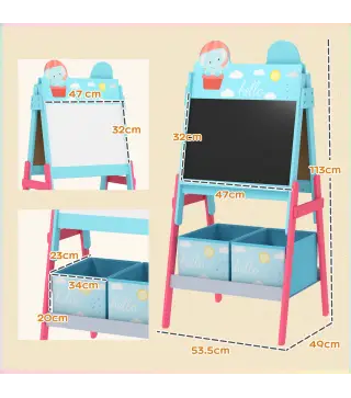 Pizarra Infantil de Doble Cara con 2 Cajas de Tela Caballete de Pintura para Niños con Estampado de Animales Azul