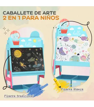 Pizarra Infantil de Doble Cara con 2 Cajas de Tela Caballete de Pintura para Niños con Estampado de Animales Azul