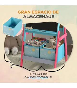 Pizarra Infantil de Doble Cara con 2 Cajas de Tela Caballete de Pintura para Niños con Estampado de Animales Azul