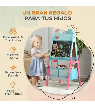 Pizarra Infantil de Doble Cara con 2 Cajas de Tela Caballete de Pintura para Niños con Estampado de Animales Azul
