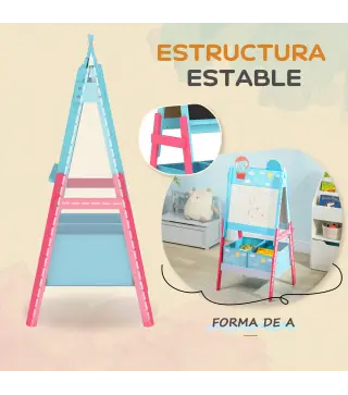 Pizarra Infantil de Doble Cara con 2 Cajas de Tela Caballete de Pintura para Niños con Estampado de Animales Azul