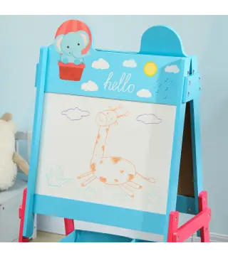 Pizarra Infantil de Doble Cara con 2 Cajas de Tela Caballete de Pintura para Niños con Estampado de Animales Azul