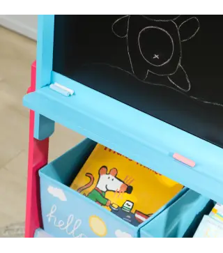 Pizarra Infantil de Doble Cara con 2 Cajas de Tela Caballete de Pintura para Niños con Estampado de Animales Azul