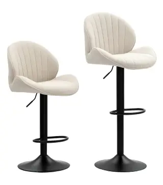 Juego de 2 Taburetes de Bar Giratorios con Altura Ajustable 62-83 cm Tapizada en Chenilla Respaldo y Reposapiés Beige