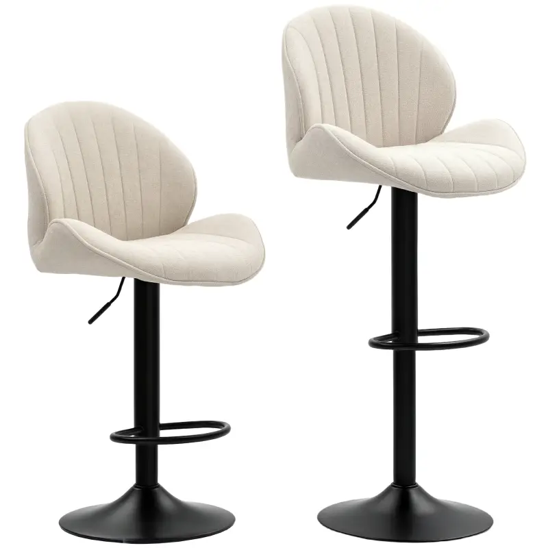 Juego de 2 Taburetes de Bar Giratorios con Altura Ajustable 62-83 cm Tapizada en Chenilla Respaldo y Reposapiés Beige