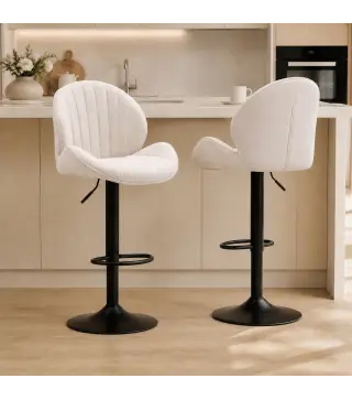 Juego de 2 Taburetes de Bar Giratorios con Altura Ajustable 62-83 cm Tapizada en Chenilla Respaldo y Reposapiés Beige