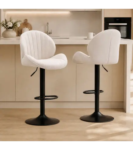 Juego de 2 Taburetes de Bar Giratorios con Altura Ajustable 62-83 cm Tapizada en Chenilla Respaldo y Reposapiés Beige