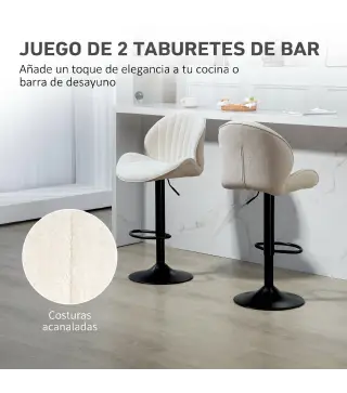 Juego de 2 Taburetes de Bar Giratorios con Altura Ajustable 62-83 cm Tapizada en Chenilla Respaldo y Reposapiés Beige