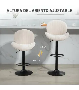 Juego de 2 Taburetes de Bar Giratorios con Altura Ajustable 62-83 cm Tapizada en Chenilla Respaldo y Reposapiés Beige