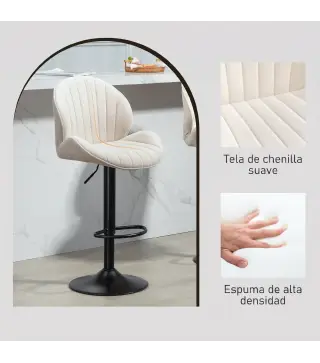 Juego de 2 Taburetes de Bar Giratorios con Altura Ajustable 62-83 cm Tapizada en Chenilla Respaldo y Reposapiés Beige