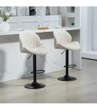 Juego de 2 Taburetes de Bar Giratorios con Altura Ajustable 62-83 cm Tapizada en Chenilla Respaldo y Reposapiés Beige