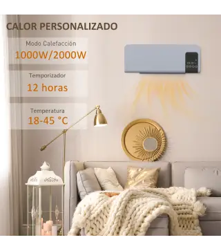Calefactor Eléctrico de Pared 1000W/2000W Estufa con Pantalla LED y Mando a Distancia 54,5x12x21,5 cm Gris