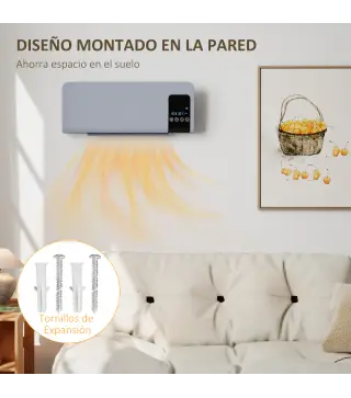 Calefactor Eléctrico de Pared 1000W/2000W Estufa con Pantalla LED y Mando a Distancia 54,5x12x21,5 cm Gris
