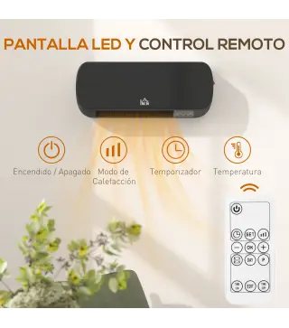 Calefactor Eléctrico de Pared 1000W/2000W Estufa con Pantalla LED y Mando a Distancia 45x18,6x11,5 cm Negro