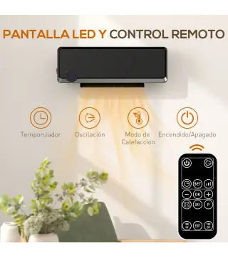 Calefactor Eléctrico de Pared 1000W/2000W Estufa con Pantalla LED IPX2 y Mando a Distancia 56x11,7x18,5 cm Negro