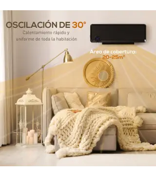 Calefactor Eléctrico de Pared 1000W/2000W Estufa con Pantalla LED IPX2 y Mando a Distancia 56x11,7x18,5 cm Negro