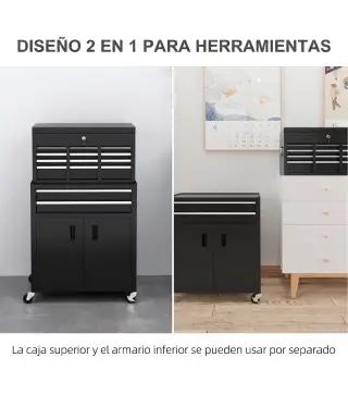 Carro de Herramientas con Baúl Superior 6 Cajones Armario Cerradura 4 Ganchos para Garaje Hogar Negro