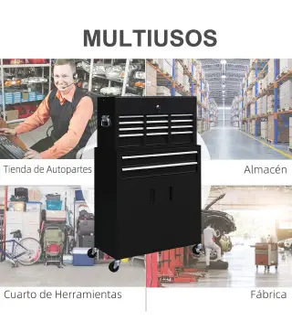 Carro de Herramientas con Baúl Superior 6 Cajones Armario Cerradura 4 Ganchos para Garaje Hogar Negro