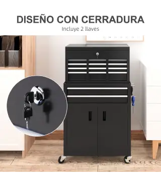 Carro de Herramientas con Baúl Superior 6 Cajones Armario Cerradura 4 Ganchos para Garaje Hogar Negro