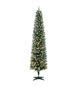 Árbol de Navidad Estrecho Nevado con 170 Luces LED Bicolor 180 cm 351 Ramas Ignífugo 11 Modos Mando a Distancia Verde