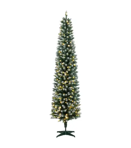 Árbol de Navidad Estrecho Nevado con 170 Luces LED Bicolor 180 cm 351 Ramas Ignífugo 11 Modos Mando a Distancia Verde