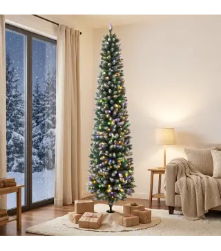 Árbol de Navidad Estrecho Nevado con 170 Luces LED Bicolor 180 cm 351 Ramas Ignífugo 11 Modos Mando a Distancia Verde