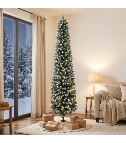 Árbol de Navidad Estrecho Nevado con 170 Luces LED Bicolor 180 cm 351 Ramas Ignífugo 11 Modos Mando a Distancia Verde