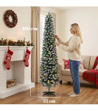 Árbol de Navidad Estrecho Nevado con 170 Luces LED Bicolor 180 cm 351 Ramas Ignífugo 11 Modos Mando a Distancia Verde
