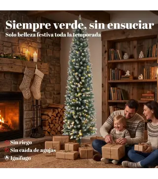 Árbol de Navidad Estrecho Nevado con 170 Luces LED Bicolor 180 cm 351 Ramas Ignífugo 11 Modos Mando a Distancia Verde
