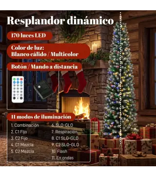 Árbol de Navidad Estrecho Nevado con 170 Luces LED Bicolor 180 cm 351 Ramas Ignífugo 11 Modos Mando a Distancia Verde