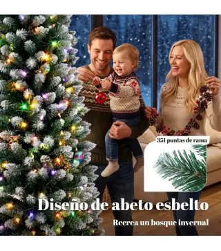 Árbol de Navidad Estrecho Nevado con 170 Luces LED Bicolor 180 cm 351 Ramas Ignífugo 11 Modos Mando a Distancia Verde