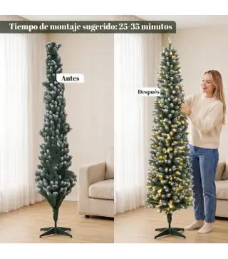 Árbol de Navidad Estrecho Nevado con 170 Luces LED Bicolor 180 cm 351 Ramas Ignífugo 11 Modos Mando a Distancia Verde