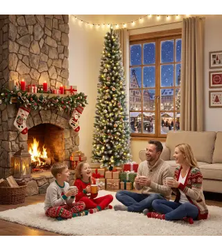 Árbol de Navidad Estrecho Nevado con 170 Luces LED Bicolor 180 cm 351 Ramas Ignífugo 11 Modos Mando a Distancia Verde