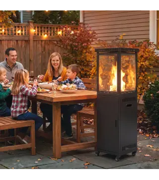 Estufa de Gas para Terraza 13 kW con Encendido Piezoeléctrico Antivuelco 4 Ruedas Vidrio Templado Piedras de Lava Negro