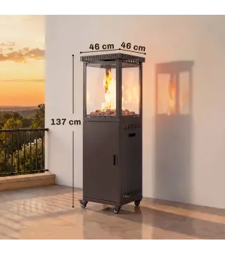 Estufa de Gas para Terraza 13 kW con Encendido Piezoeléctrico Antivuelco 4 Ruedas Vidrio Templado Piedras de Lava Negro