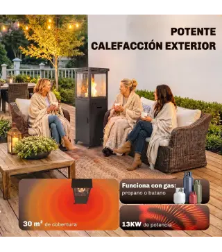 Estufa de Gas para Terraza 13 kW con Encendido Piezoeléctrico Antivuelco 4 Ruedas Vidrio Templado Piedras de Lava Negro