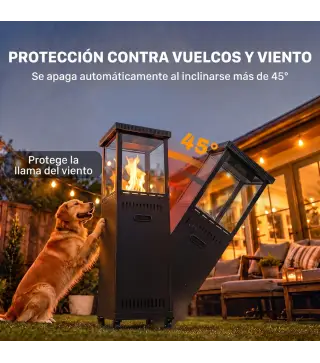 Estufa de Gas para Terraza 13 kW con Encendido Piezoeléctrico Antivuelco 4 Ruedas Vidrio Templado Piedras de Lava Negro