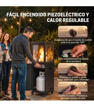 Estufa de Gas para Terraza 13 kW con Encendido Piezoeléctrico Antivuelco 4 Ruedas Vidrio Templado Piedras de Lava Negro