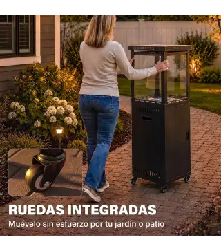 Estufa de Gas para Terraza 13 kW con Encendido Piezoeléctrico Antivuelco 4 Ruedas Vidrio Templado Piedras de Lava Negro