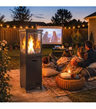 Estufa de Gas para Terraza 13 kW con Encendido Piezoeléctrico Antivuelco 4 Ruedas Vidrio Templado Piedras de Lava Negro